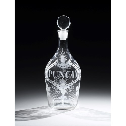A HUGE GEORGE III ENGRAVED GLASS DECANTER